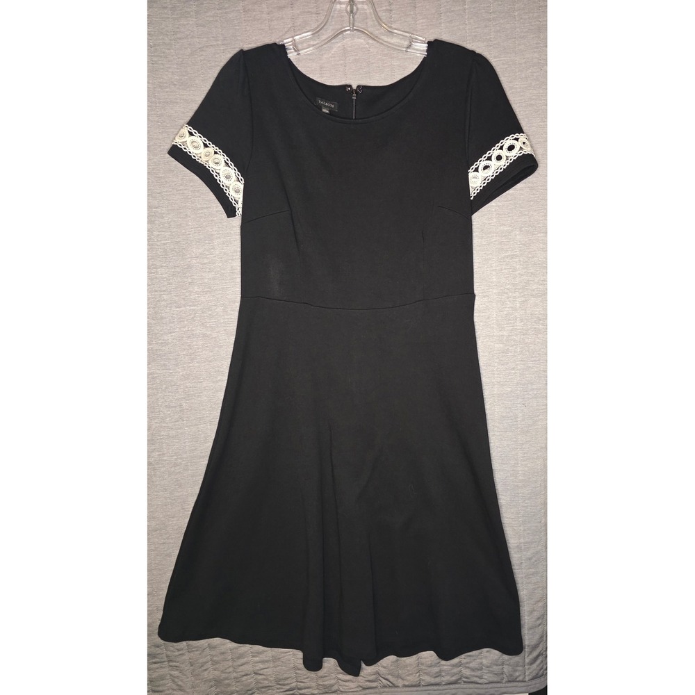606 Talbots Womens Black Fit‎ and Flare Dress Lace Trim Short Sleeve Scoop NeckM